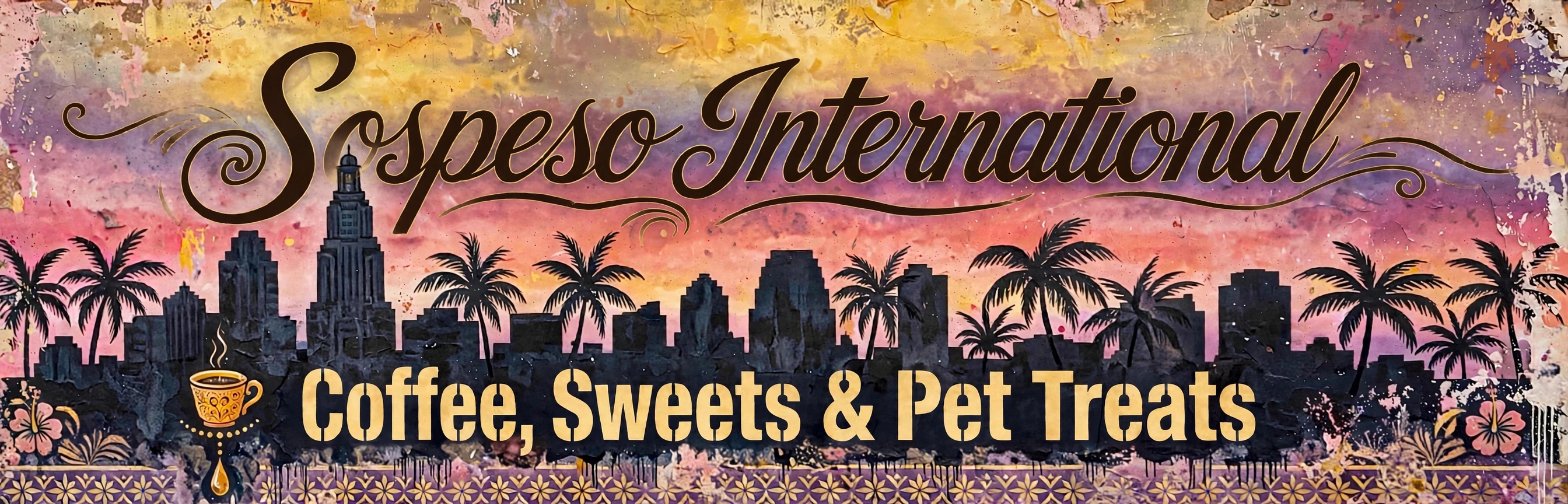 Hand-painted Sospeso mural — Miami skyline at sunset: Coffee, Sweets & Pet Treats
