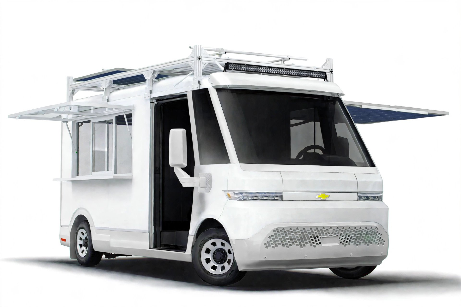 The Sospeso all-electric coffee van — BrightDrop 400 with roof rack, solar panels and serving window
