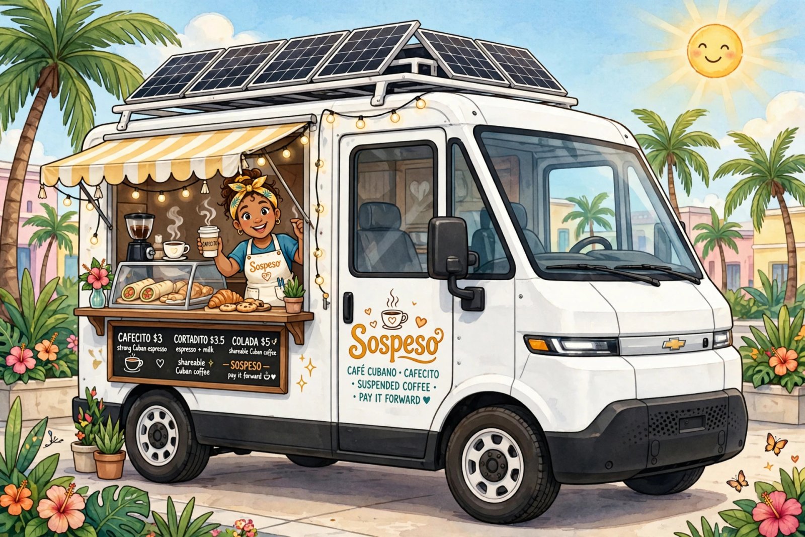 Artist's watercolor concept of the Sospeso coffee truck with serving window and menu