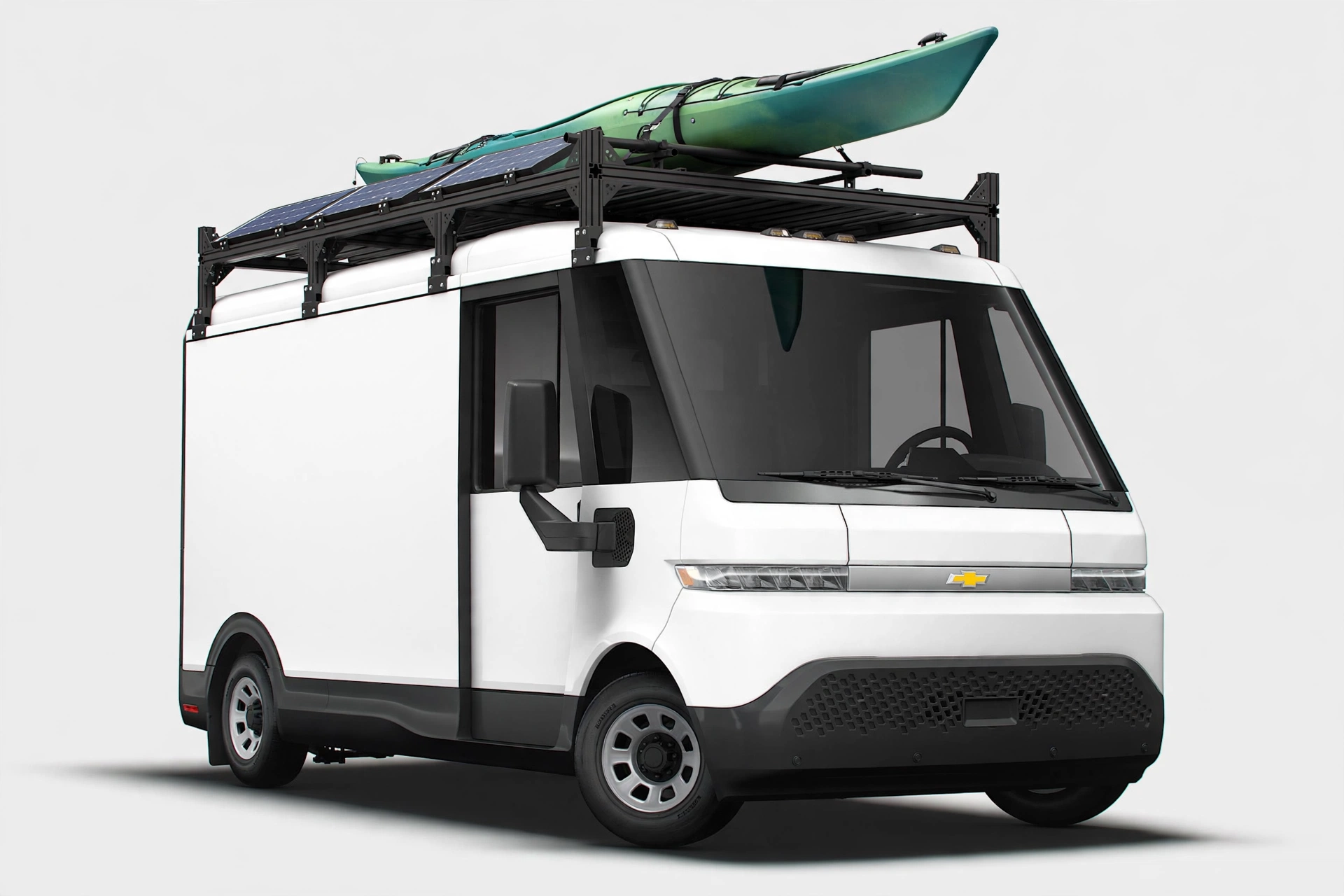 Render of the BrightDrop 400 with roof rack, solar panels and kayak