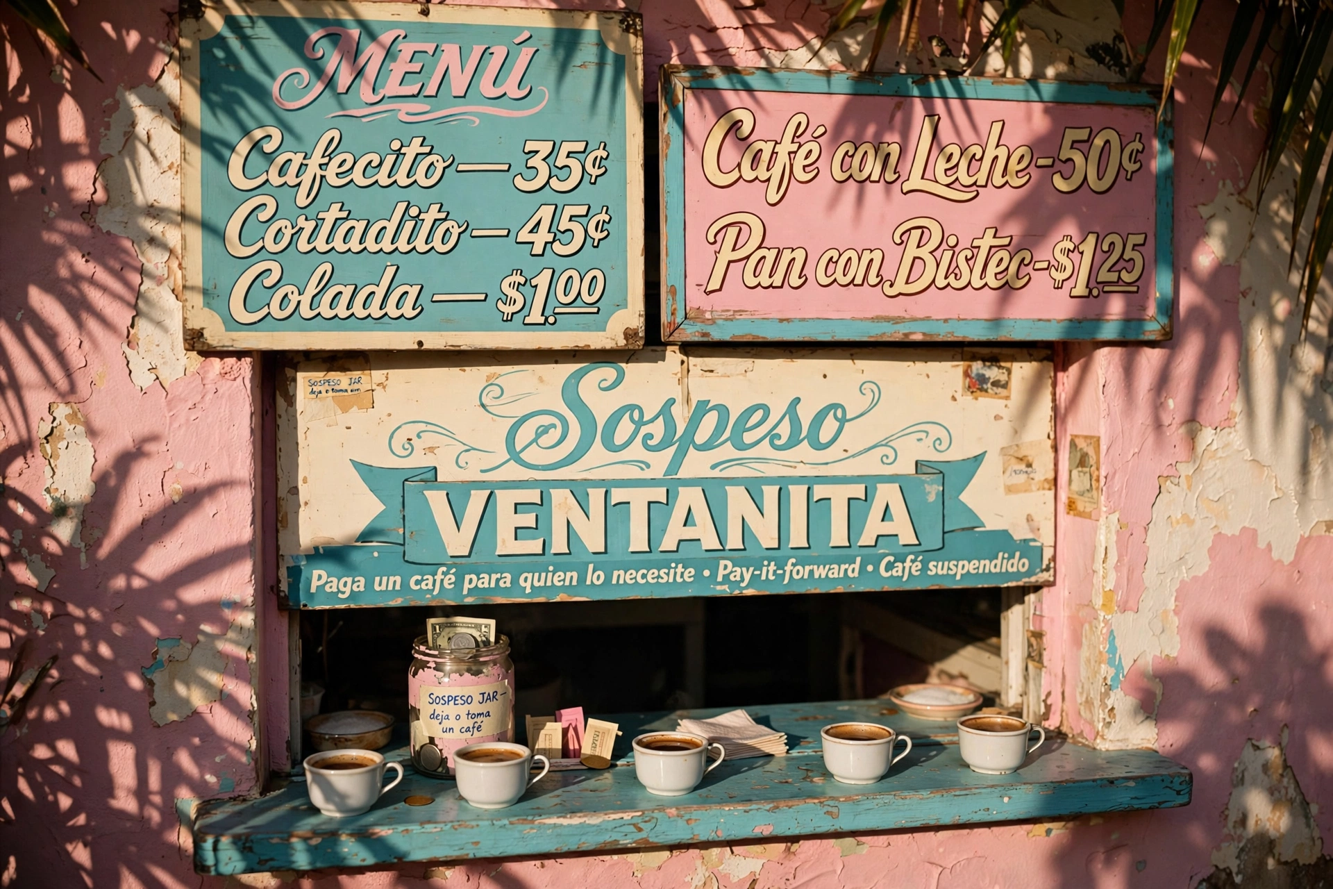 A Little Havana coffee window, hand-painted in 1980s style, with a sospeso jar on the counter